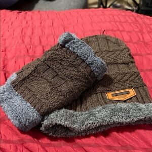 Cozy beanie Knit hat with Neck Warmer - Olive & brown Gray-Blue